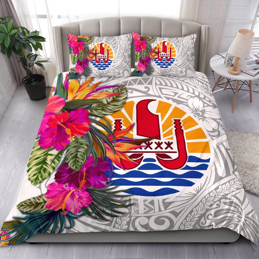 Tahiti Bedding Set - Hibiscus Polynesian Pattern White Version