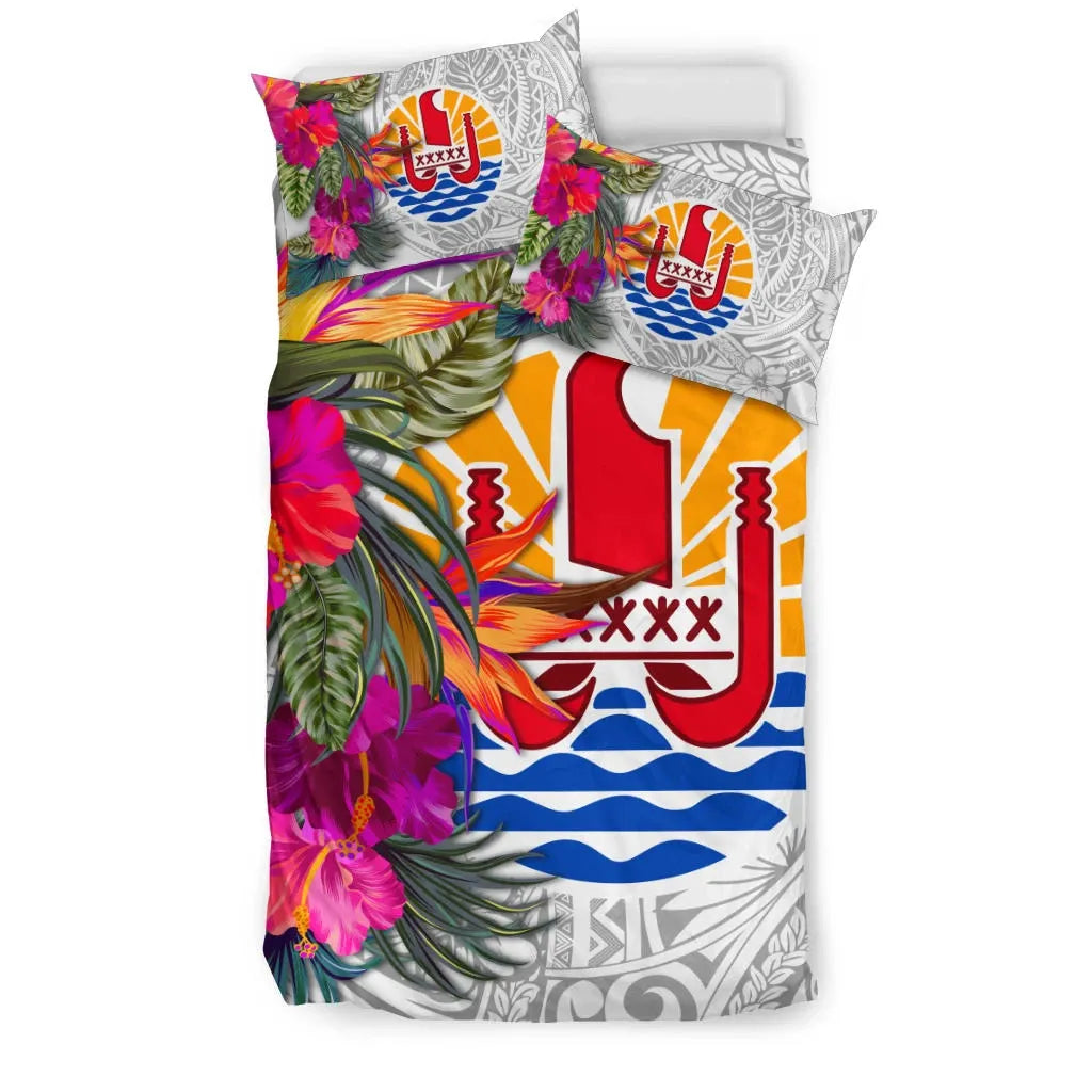 Tahiti Bedding Set - Hibiscus Polynesian Pattern White Version
