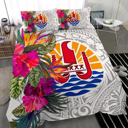 Tahiti Bedding Set - Hibiscus Polynesian Pattern White Version