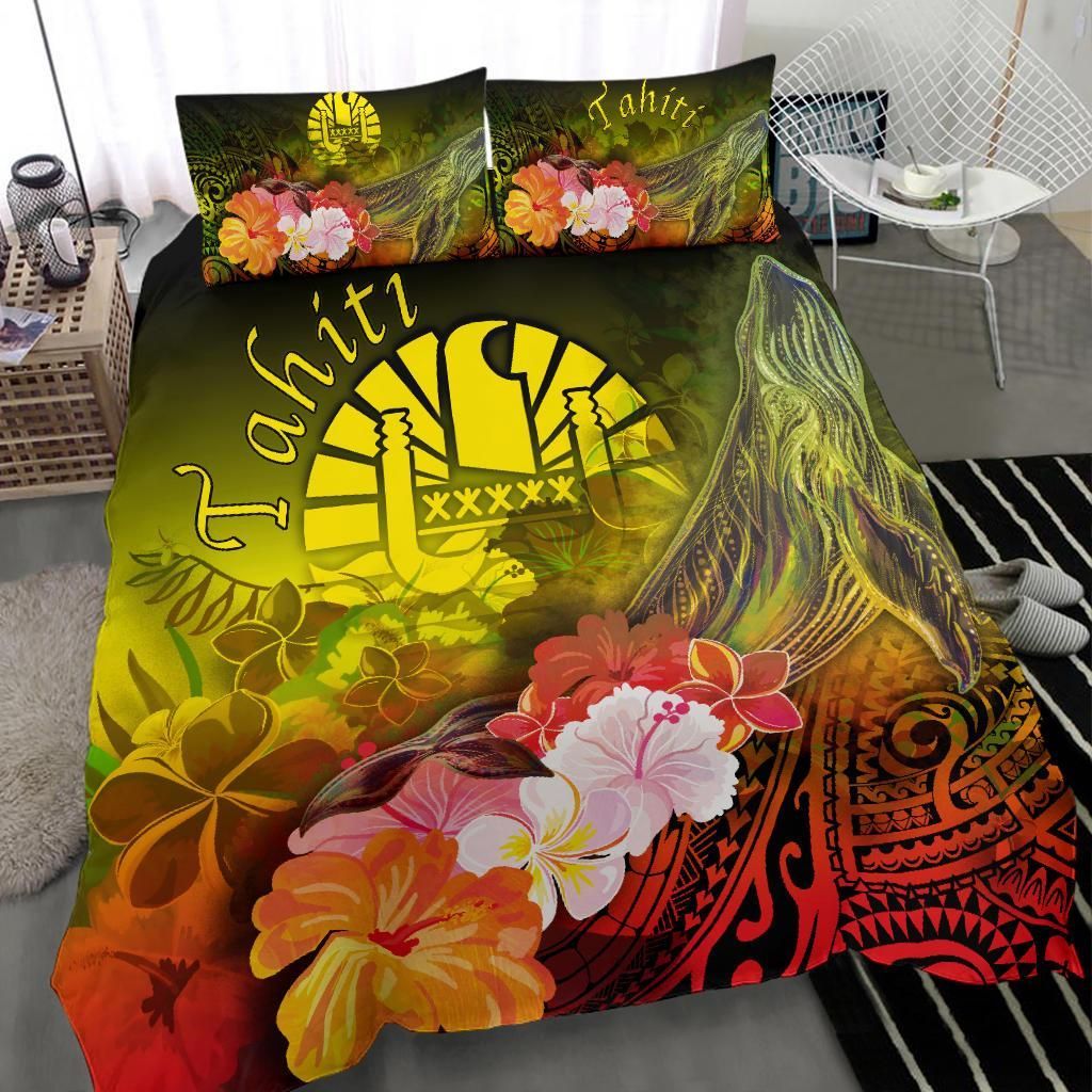Tahiti Bedding Set - Humpback Whale With Tropical Flowers (Yellow)