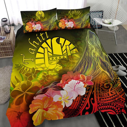 Tahiti Bedding Set - Humpback Whale With Tropical Flowers (Yellow)