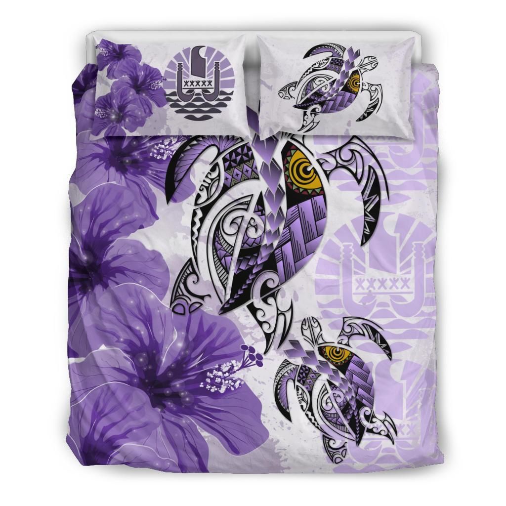 Polynesian Duvet Cover Set - Tahiti Bedding Set Polynesia Turtle Hibiscus Purple