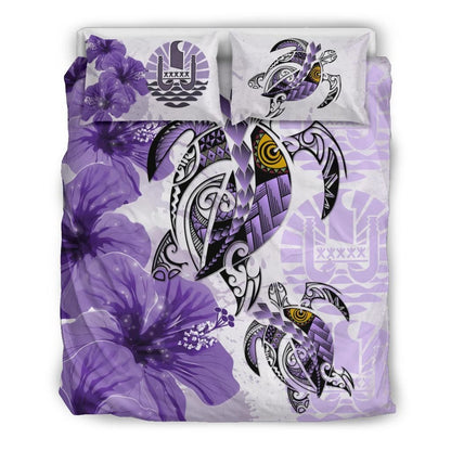 Polynesian Duvet Cover Set - Tahiti Bedding Set Polynesia Turtle Hibiscus Purple