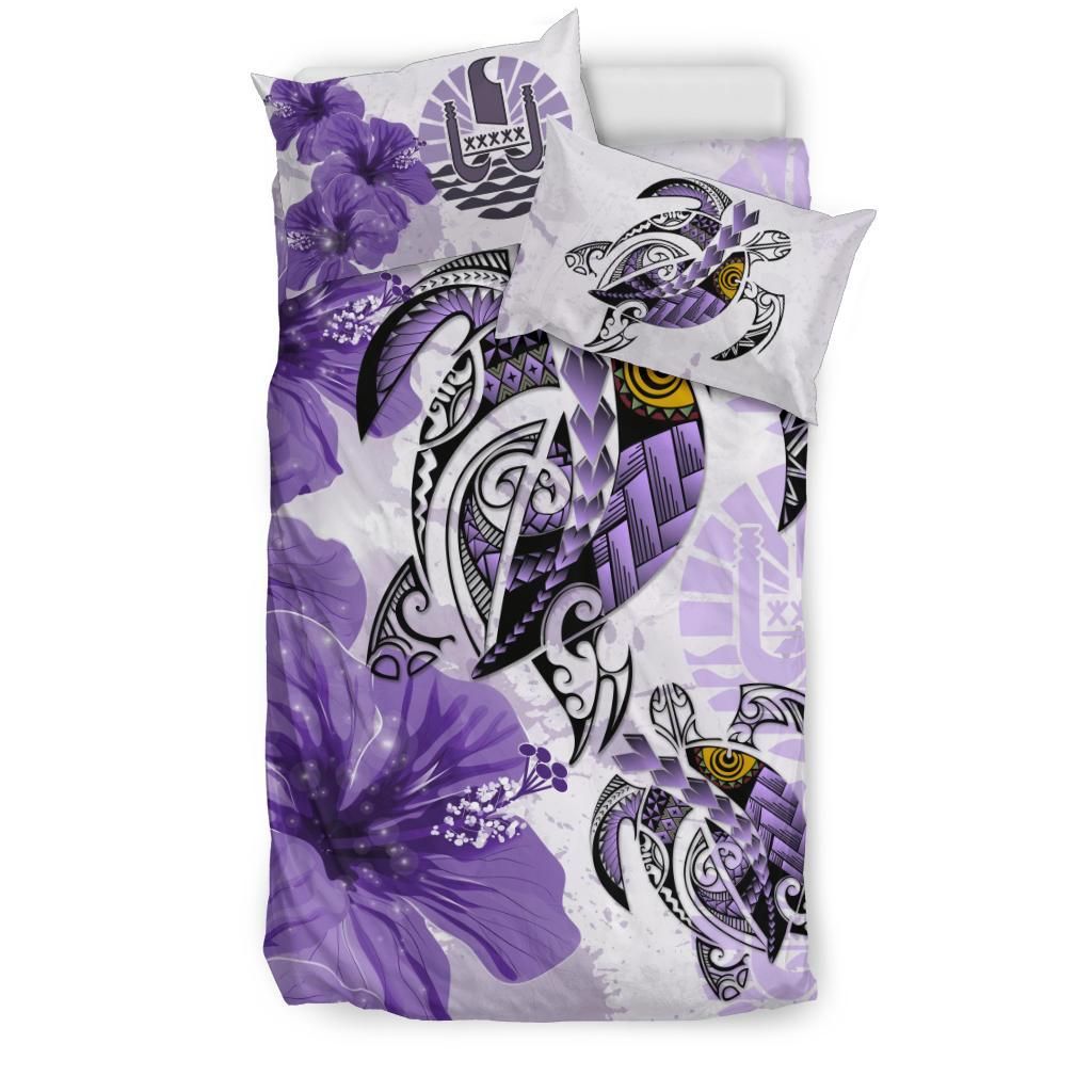 Polynesian Duvet Cover Set - Tahiti Bedding Set Polynesia Turtle Hibiscus Purple