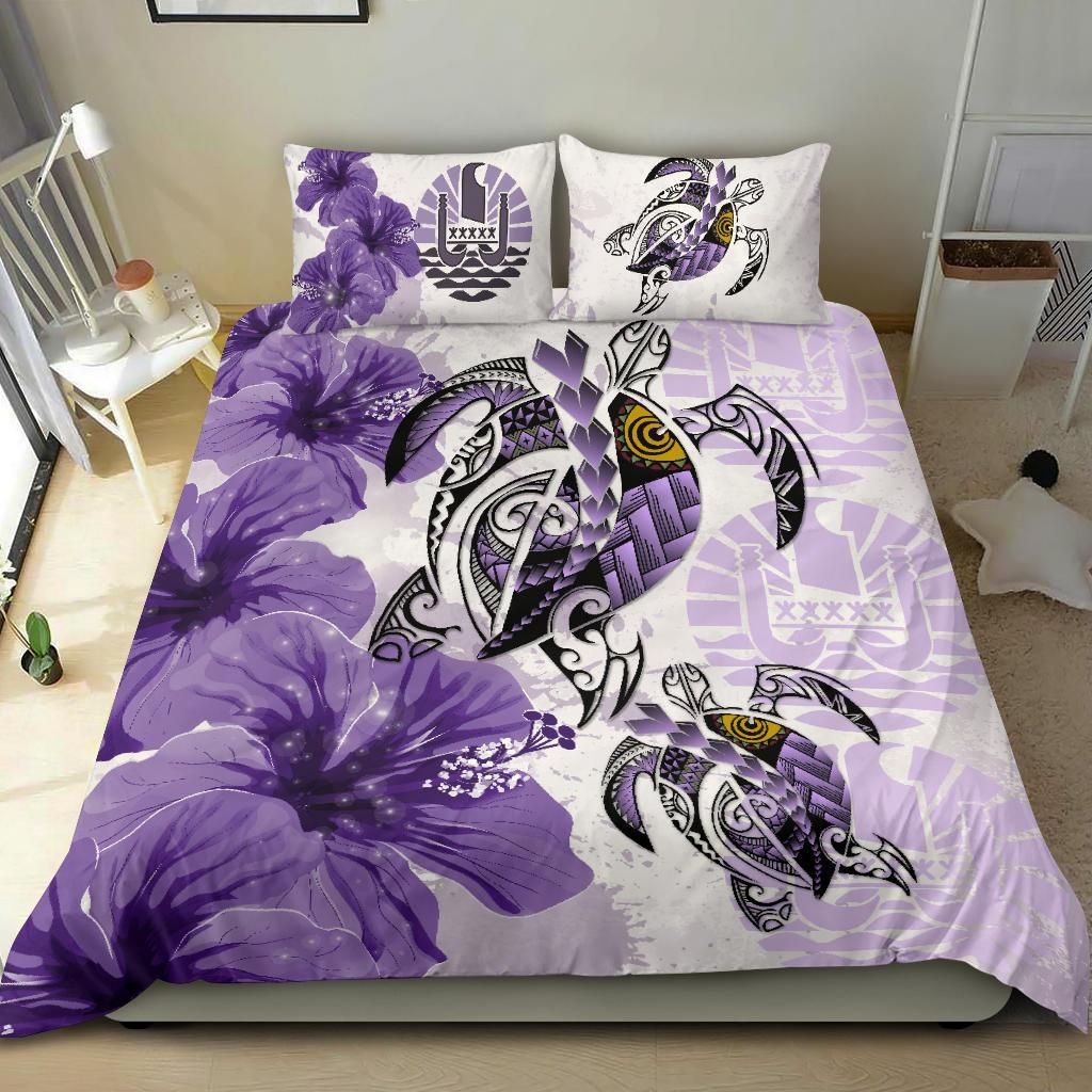 Polynesian Duvet Cover Set - Tahiti Bedding Set Polynesia Turtle Hibiscus Purple