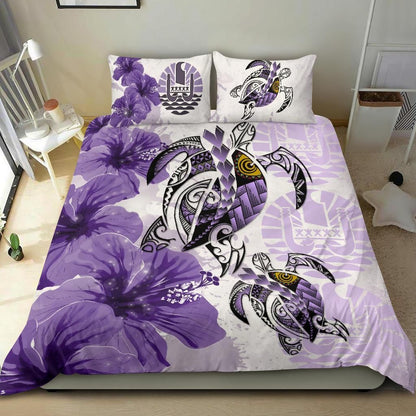 Polynesian Duvet Cover Set - Tahiti Bedding Set Polynesia Turtle Hibiscus Purple