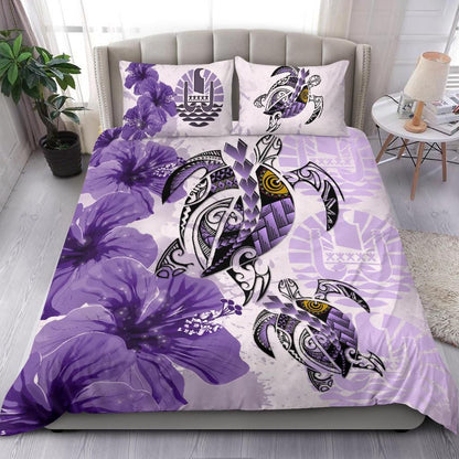 Polynesian Duvet Cover Set - Tahiti Bedding Set Polynesia Turtle Hibiscus Purple