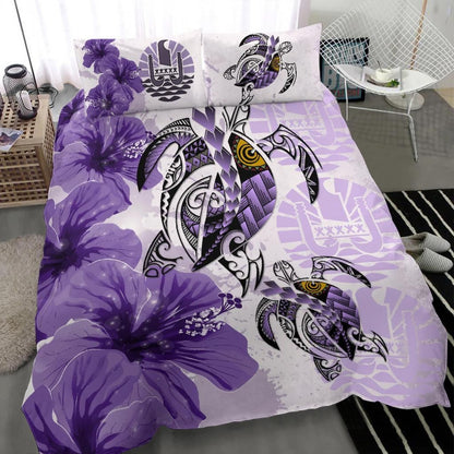 Polynesian Duvet Cover Set - Tahiti Bedding Set Polynesia Turtle Hibiscus Purple