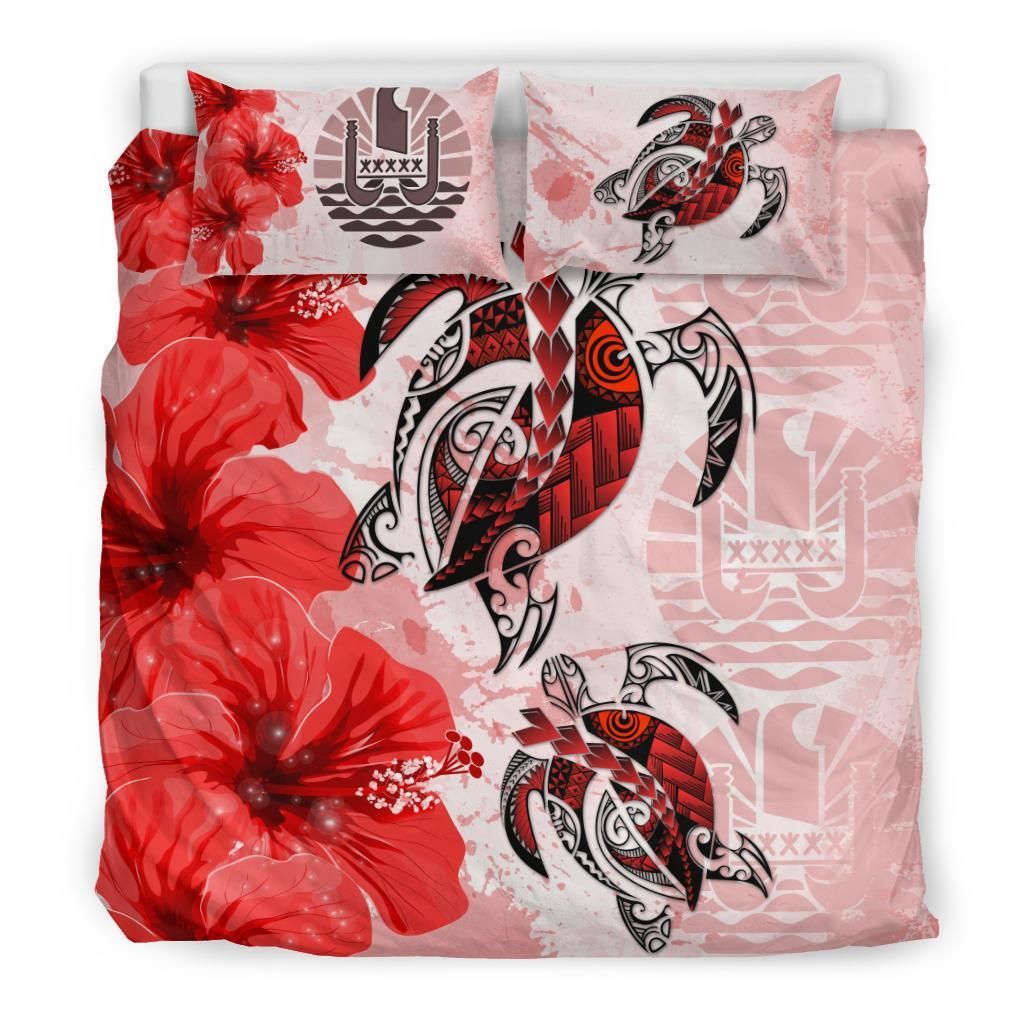Polynesian Duvet Cover Set - Tahiti Bedding Set Polynesia Turtle Hibiscus Red