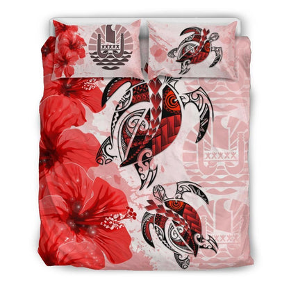 Polynesian Duvet Cover Set - Tahiti Bedding Set Polynesia Turtle Hibiscus Red