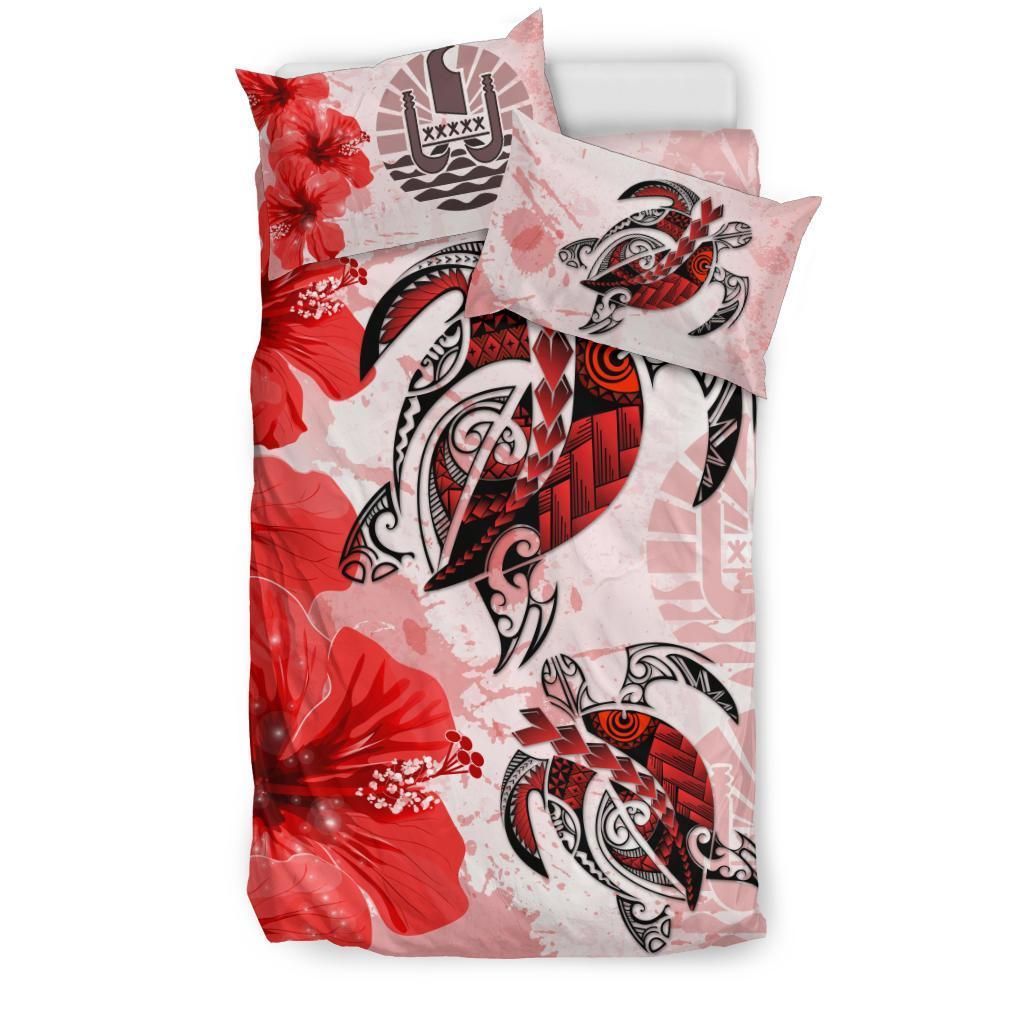 Polynesian Duvet Cover Set - Tahiti Bedding Set Polynesia Turtle Hibiscus Red