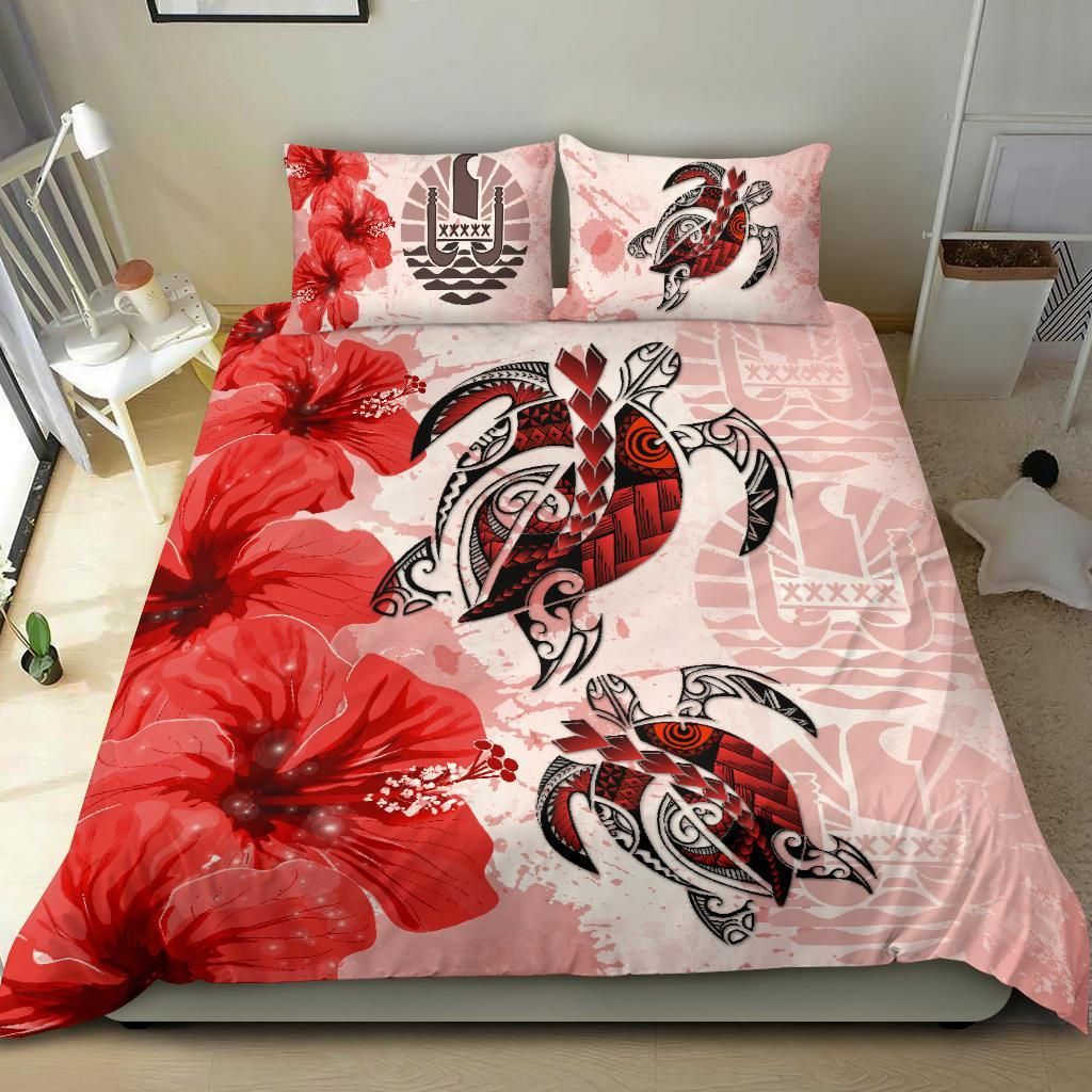 Polynesian Duvet Cover Set - Tahiti Bedding Set Polynesia Turtle Hibiscus Red