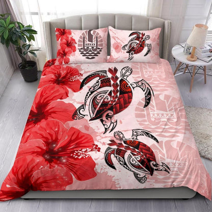Polynesian Duvet Cover Set - Tahiti Bedding Set Polynesia Turtle Hibiscus Red