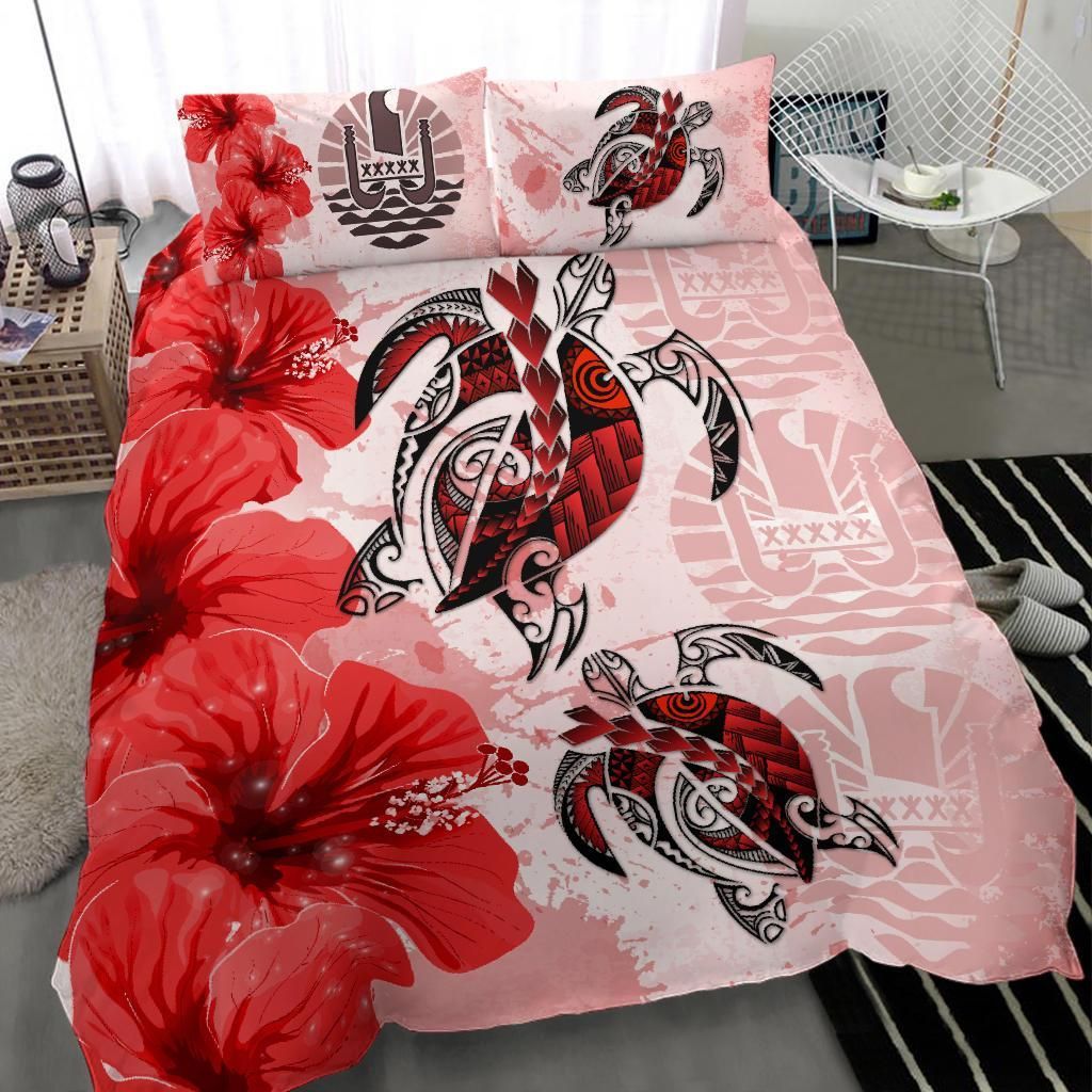 Polynesian Duvet Cover Set - Tahiti Bedding Set Polynesia Turtle Hibiscus Red