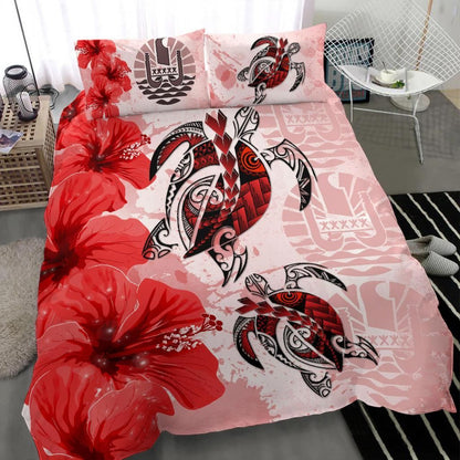 Polynesian Duvet Cover Set - Tahiti Bedding Set Polynesia Turtle Hibiscus Red