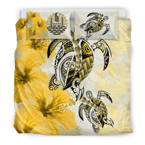 Polynesian Duvet Cover Set - Tahiti Bedding Set Polynesia Turtle Hibiscus Yellow