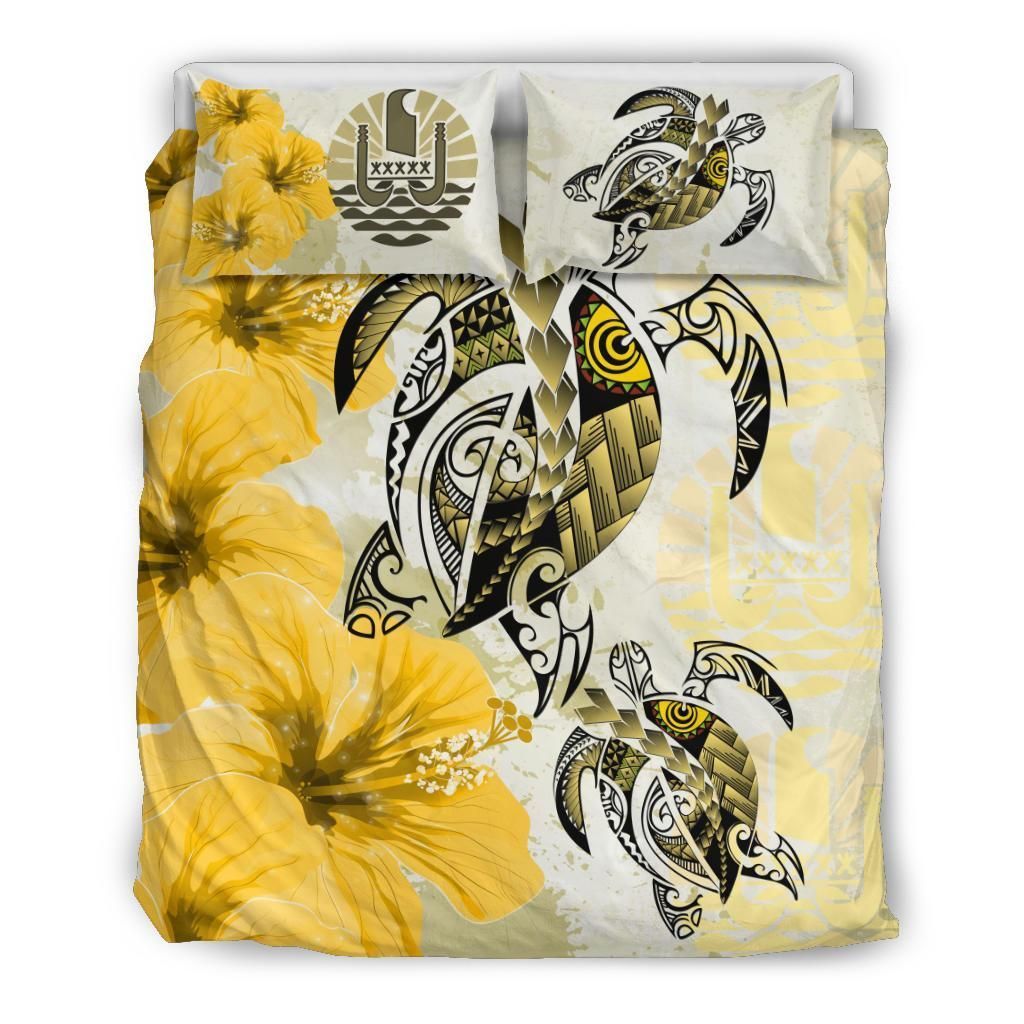 Polynesian Duvet Cover Set - Tahiti Bedding Set Polynesia Turtle Hibiscus Yellow