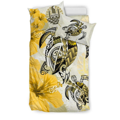Polynesian Duvet Cover Set - Tahiti Bedding Set Polynesia Turtle Hibiscus Yellow