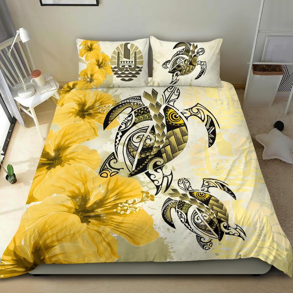 Polynesian Duvet Cover Set - Tahiti Bedding Set Polynesia Turtle Hibiscus Yellow