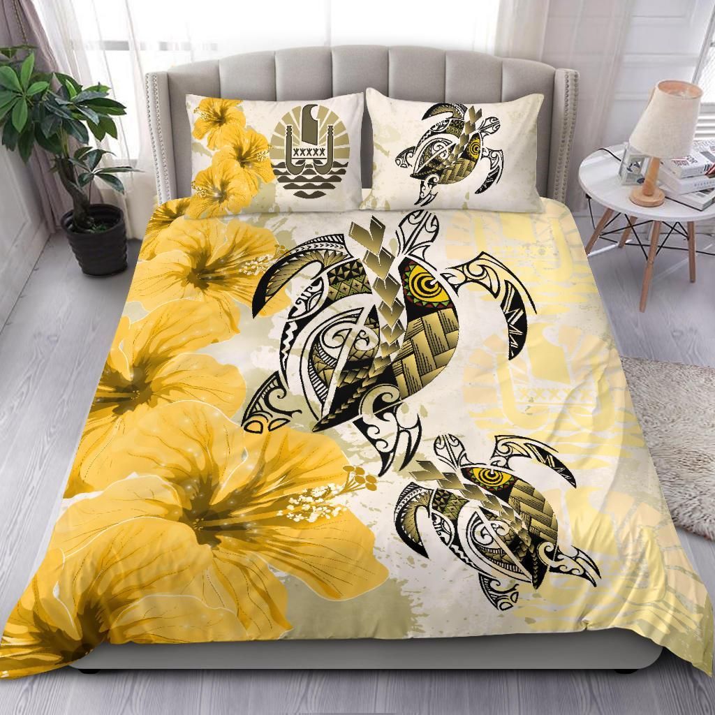 Polynesian Duvet Cover Set - Tahiti Bedding Set Polynesia Turtle Hibiscus Yellow