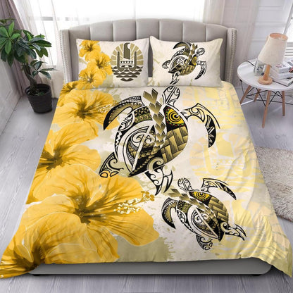 Polynesian Duvet Cover Set - Tahiti Bedding Set Polynesia Turtle Hibiscus Yellow