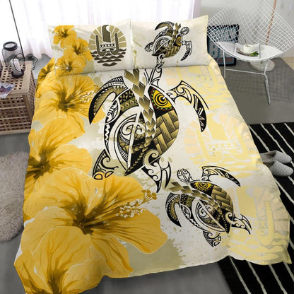 Polynesian Duvet Cover Set - Tahiti Bedding Set Polynesia Turtle Hibiscus Yellow