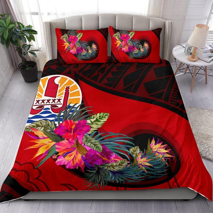 Tahiti Bedding Set - Polynesian Hook And Hibiscus (Red)