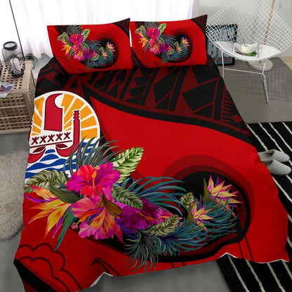 Tahiti Bedding Set - Polynesian Hook And Hibiscus (Red)