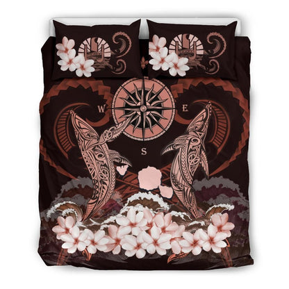 Polynesian Duvet Cover Set - Tahiti Bedding Set Shark Polynesia Compass Plumeria Pink