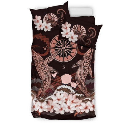 Polynesian Duvet Cover Set - Tahiti Bedding Set Shark Polynesia Compass Plumeria Pink