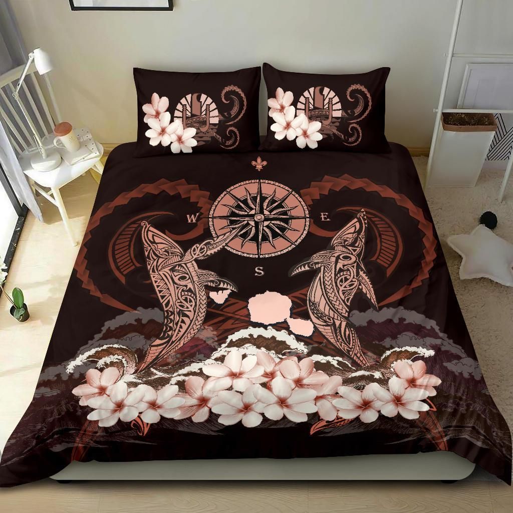 Polynesian Duvet Cover Set - Tahiti Bedding Set Shark Polynesia Compass Plumeria Pink