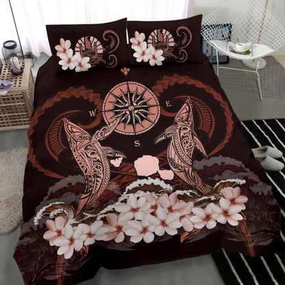 Polynesian Duvet Cover Set - Tahiti Bedding Set Shark Polynesia Compass Plumeria Pink