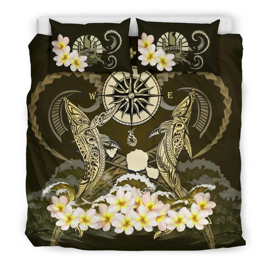 Polynesian Duvet Cover Set - Tahiti Bedding Set Shark Polynesia Compass Plumeria Gold