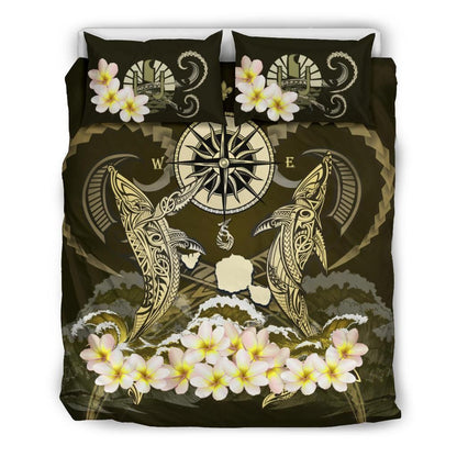 Polynesian Duvet Cover Set - Tahiti Bedding Set Shark Polynesia Compass Plumeria Gold