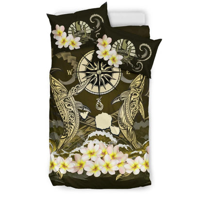 Polynesian Duvet Cover Set - Tahiti Bedding Set Shark Polynesia Compass Plumeria Gold