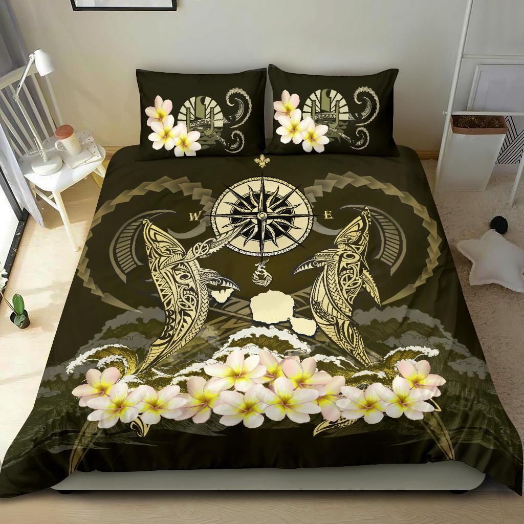 Polynesian Duvet Cover Set - Tahiti Bedding Set Shark Polynesia Compass Plumeria Gold