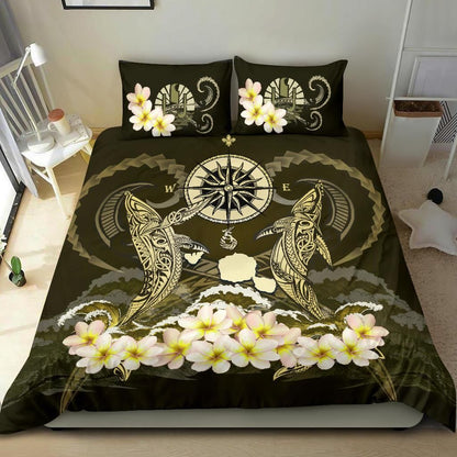Polynesian Duvet Cover Set - Tahiti Bedding Set Shark Polynesia Compass Plumeria Gold