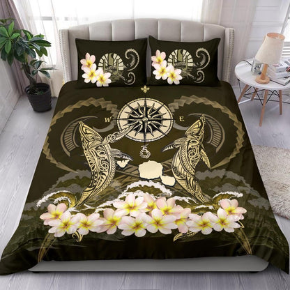 Polynesian Duvet Cover Set - Tahiti Bedding Set Shark Polynesia Compass Plumeria Gold