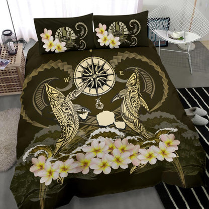 Polynesian Duvet Cover Set - Tahiti Bedding Set Shark Polynesia Compass Plumeria Gold