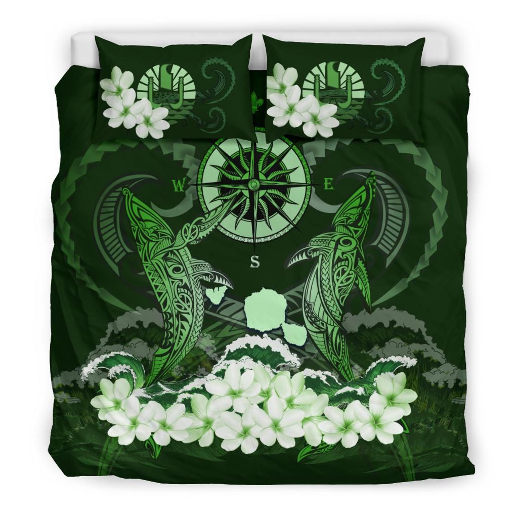 Polynesian Duvet Cover Set - Tahiti Bedding Set Shark Polynesia Compass Plumeria Green