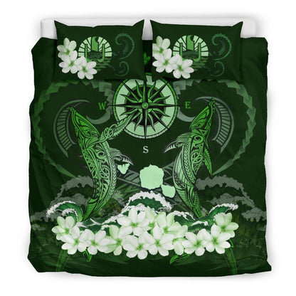 Polynesian Duvet Cover Set - Tahiti Bedding Set Shark Polynesia Compass Plumeria Green