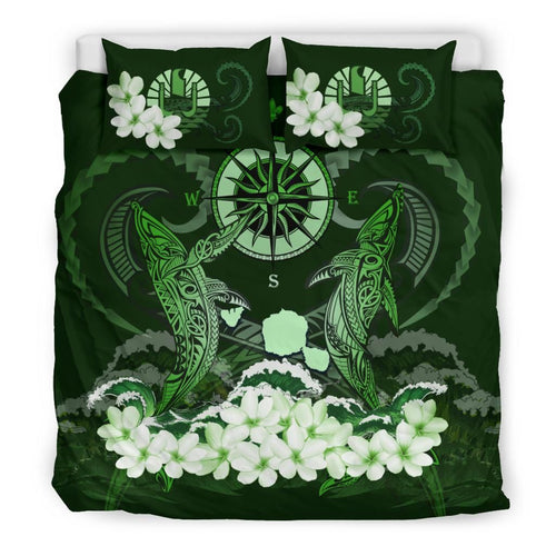 Polynesian Duvet Cover Set - Tahiti Bedding Set Shark Polynesia Compass Plumeria Green
