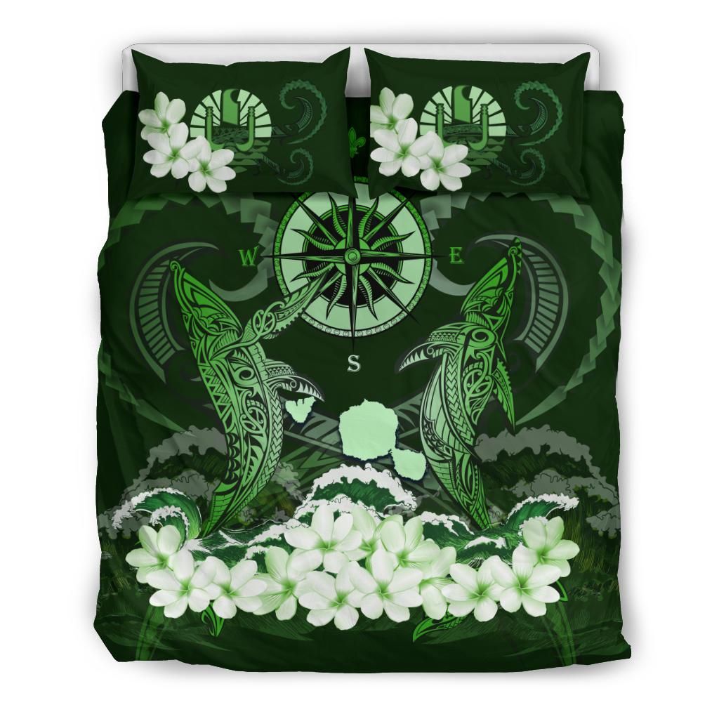 Polynesian Duvet Cover Set - Tahiti Bedding Set Shark Polynesia Compass Plumeria Green