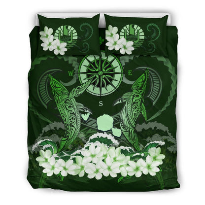 Polynesian Duvet Cover Set - Tahiti Bedding Set Shark Polynesia Compass Plumeria Green