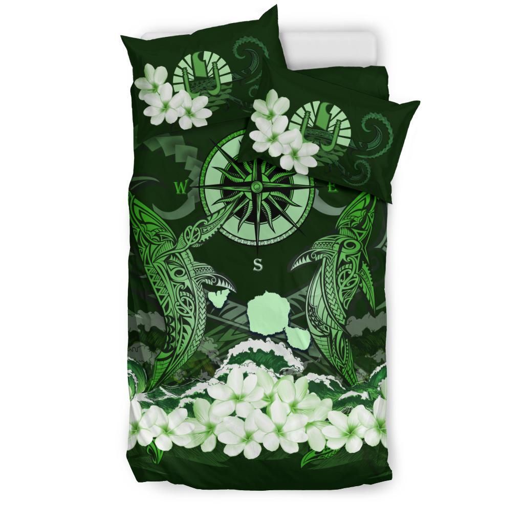 Polynesian Duvet Cover Set - Tahiti Bedding Set Shark Polynesia Compass Plumeria Green