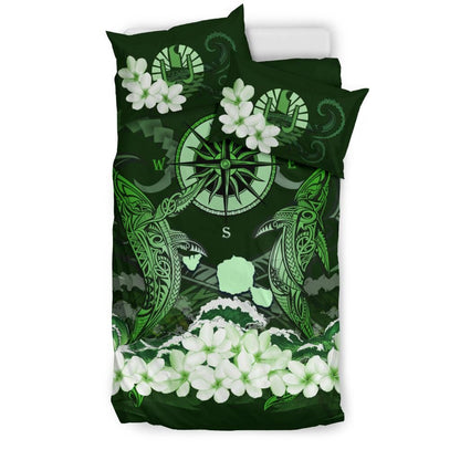 Polynesian Duvet Cover Set - Tahiti Bedding Set Shark Polynesia Compass Plumeria Green