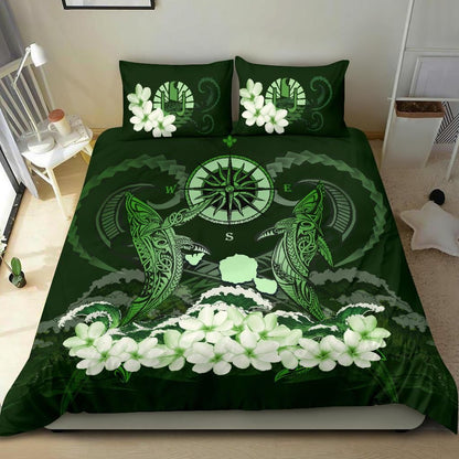 Polynesian Duvet Cover Set - Tahiti Bedding Set Shark Polynesia Compass Plumeria Green