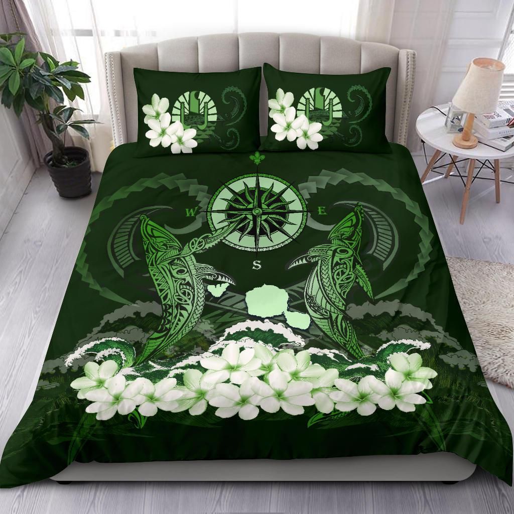 Polynesian Duvet Cover Set - Tahiti Bedding Set Shark Polynesia Compass Plumeria Green