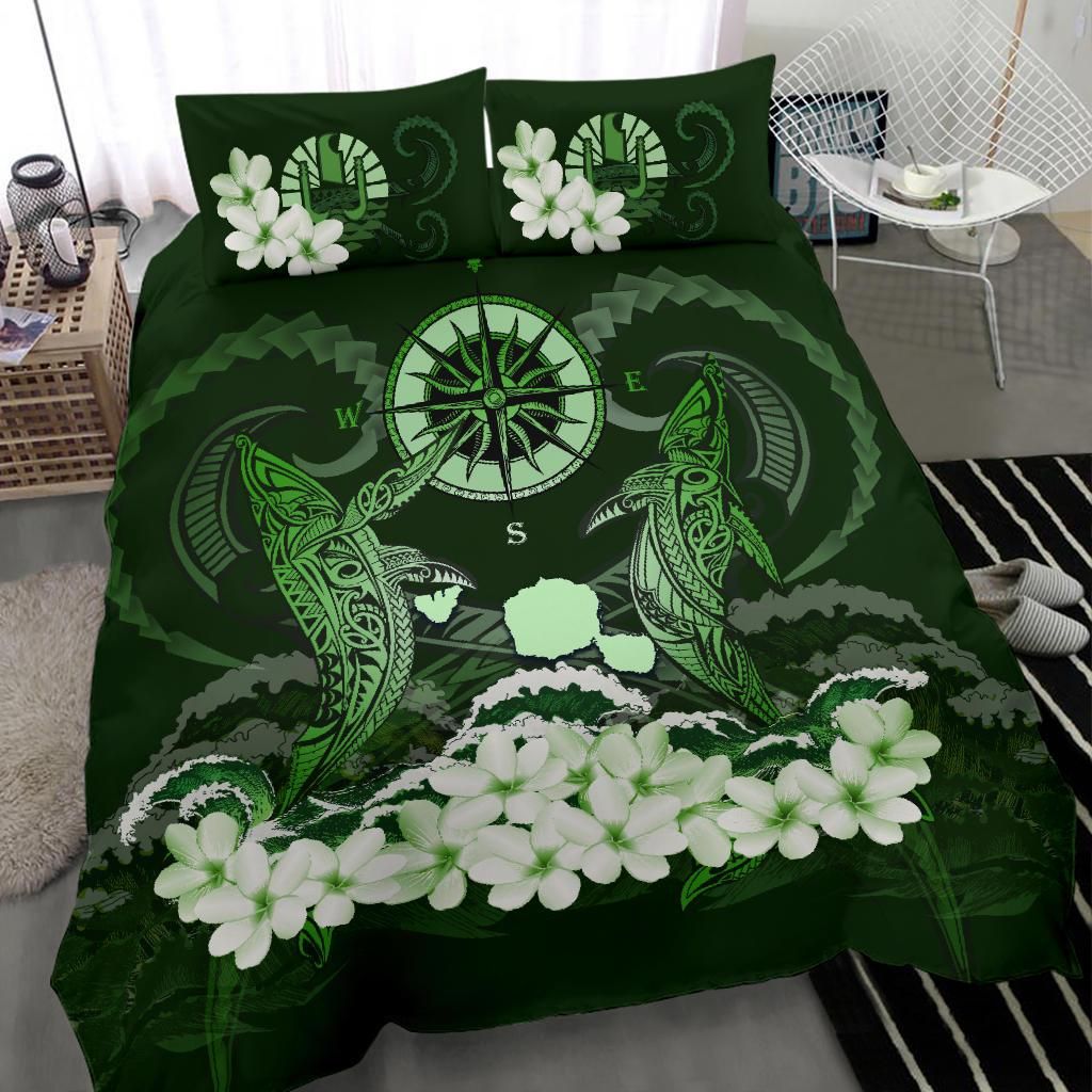 Polynesian Duvet Cover Set - Tahiti Bedding Set Shark Polynesia Compass Plumeria Green