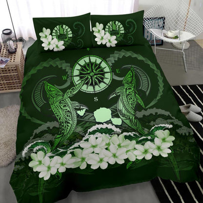 Polynesian Duvet Cover Set - Tahiti Bedding Set Shark Polynesia Compass Plumeria Green